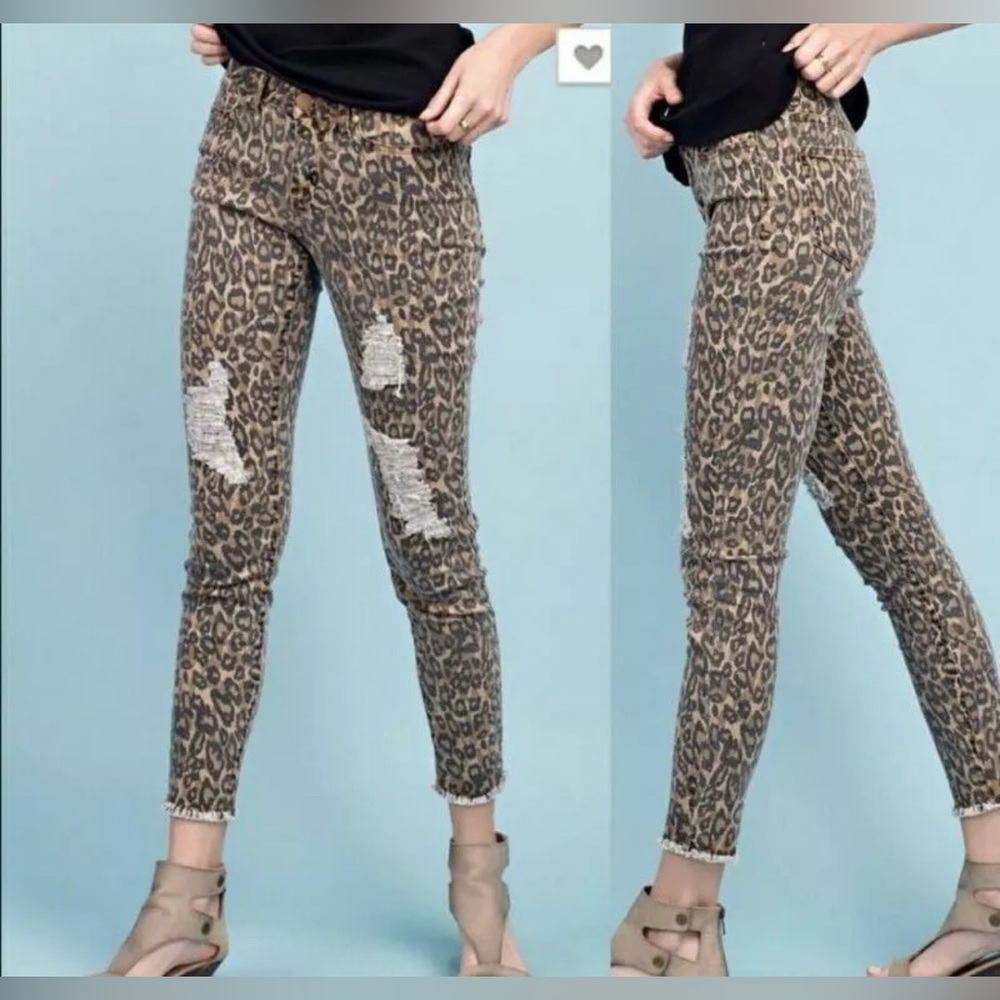 Easel Leopard Print Skinny Leg Distressed Denim Jeans Raw Frayed Hem Women Small